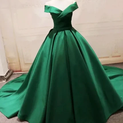 Green Satin Prom Dresses Long Off The Shoulder Ball Gowns Quinceanera Dresses