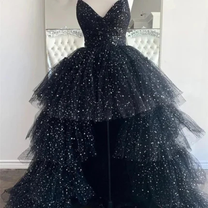 High Low Black Long Formal Dresses V neckline Tulle Prom Dresses Layers