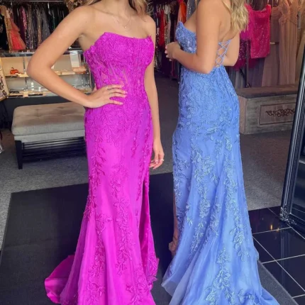 Long Corset Prom Dresses Lace Strapless Mermaid with Slit