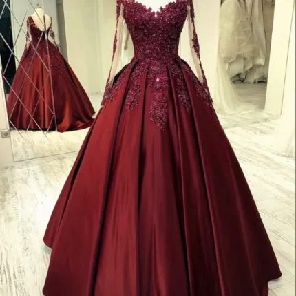 Long Sleeves Ball Gown Lace Appliques Prom Dresses Burgundy Evening Dress