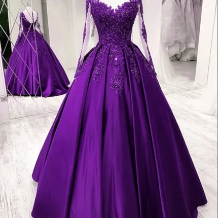 Long Sleeves Ball Gown Lace Appliques Prom Dresses Burgundy Evening Dresss