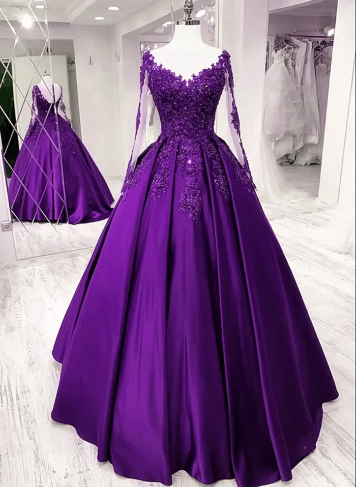 Long Sleeves Ball Gown Lace Appliques Prom Dresses Burgundy Evening Dresss