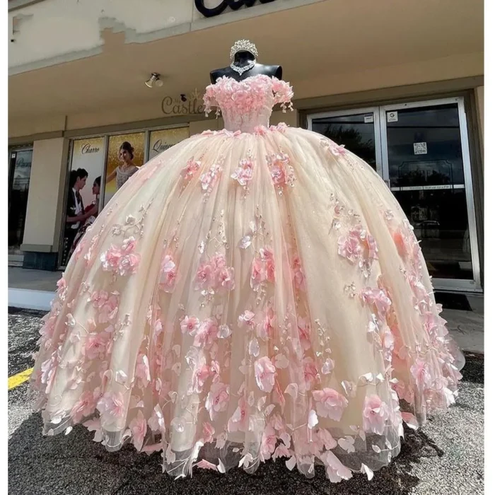 New 2025 Lace Pink Quinceanera Dress Off The Shoulder 3D Flowers Sweet 16 Dress