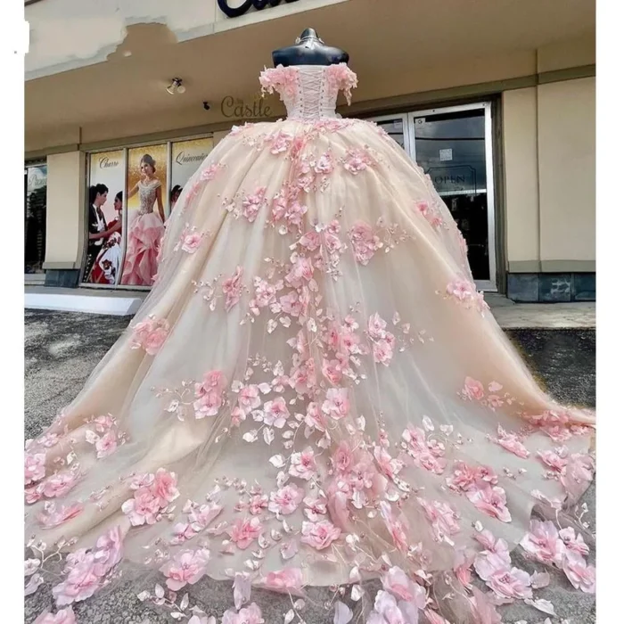 New 2025 Lace Pink Quinceanera Dress Off The Shoulder 3D Flowers Sweet 16 Dresss