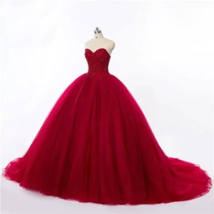 New Ball Gown Prom Dresses Red Sweetheart Strapless Beads Quinceanera Dresses