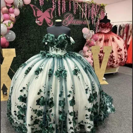 New Off Shoulder 2025 Emerald Green Quinceanera Dress 3D Flowers