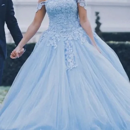 Off the Shoulder Light Blue Lace Ball Gown Quinceanera Dresses