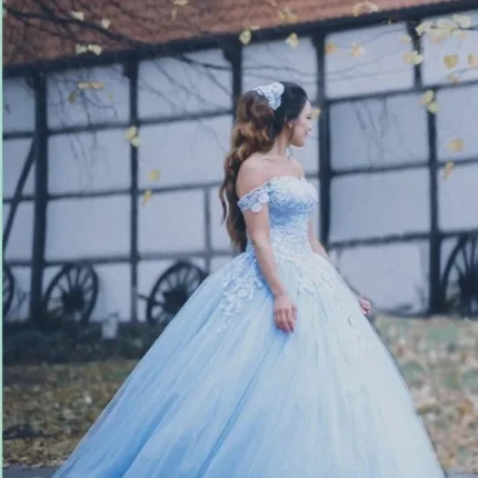 Off the Shoulder Light Blue Lace Ball Gown Quinceanera Dressess