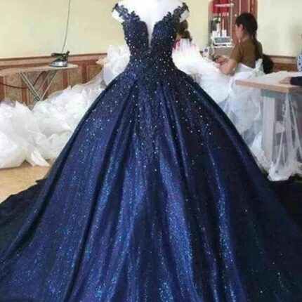 Off the Shoulder Navy Blue Sequin Quince Dresses Ball Gown Lace Sweet 16 dress