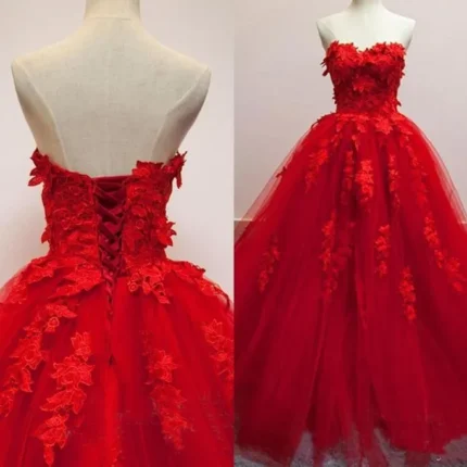 Red Sweetheart Prom Dresses Tulle Applique Ball Gown Quinceanera Dressess