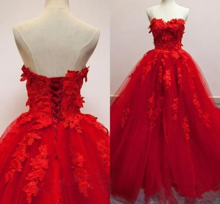 Red Sweetheart Prom Dresses Tulle Applique Ball Gown Quinceanera Dressess