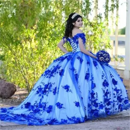 Royal Blue Quinceanera Dresses Princess Beaded Pearls Sweet 15 Dress 3D Flowerss