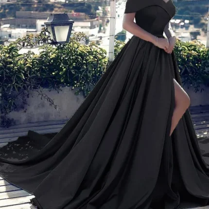 Sexy Off Shoulders Satin Black Long Evening Formal Dress Split Wedding Guest Dress