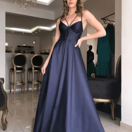 Simple Navy Blue Prom Dresses Satin A Line Evening Dresses Sleeveless