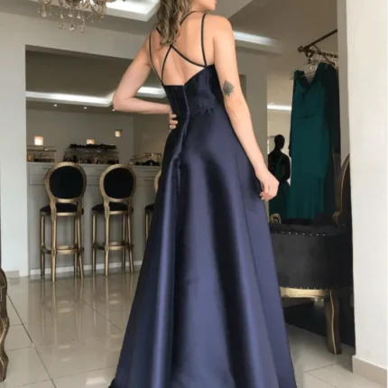 Simple Navy Blue Prom Dresses Satin A Line Evening Dresses Sleevelesss