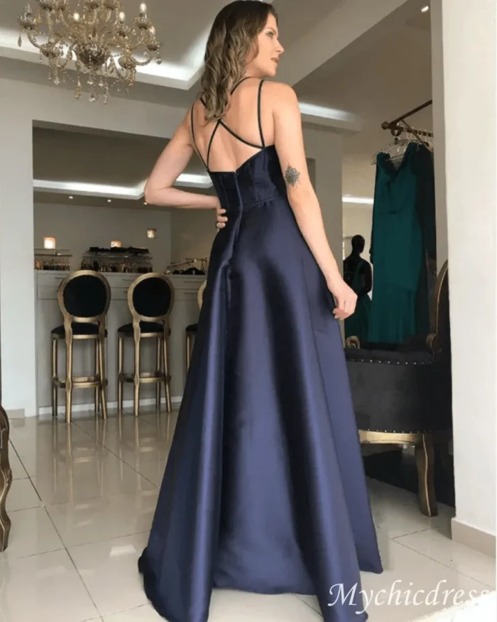 Simple Navy Blue Prom Dresses Satin A Line Evening Dresses Sleevelesss