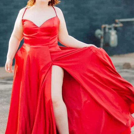 Simple Satin Plus Size Red Prom Dresses UK Long Spaghetti Straps with Pockets