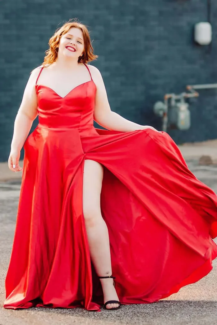 Simple Satin Plus Size Red Prom Dresses UK Long Spaghetti Straps with Pockets