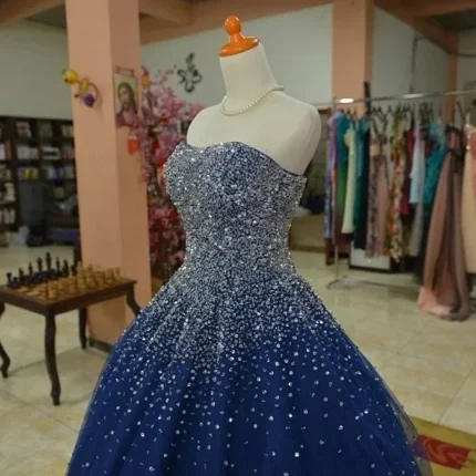 Sparkly Beaded Strapless Navy Blue Ball Gown Prom Dressess