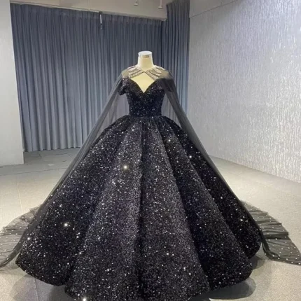 Sparkly Sequin Black Wedding Dress with Cape Off Shoulder Puffy Ball Gowns