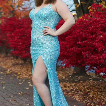 Sparkly Sky Sequins Plus Size Blue Prom Dresses Long Formal Dress with Slit