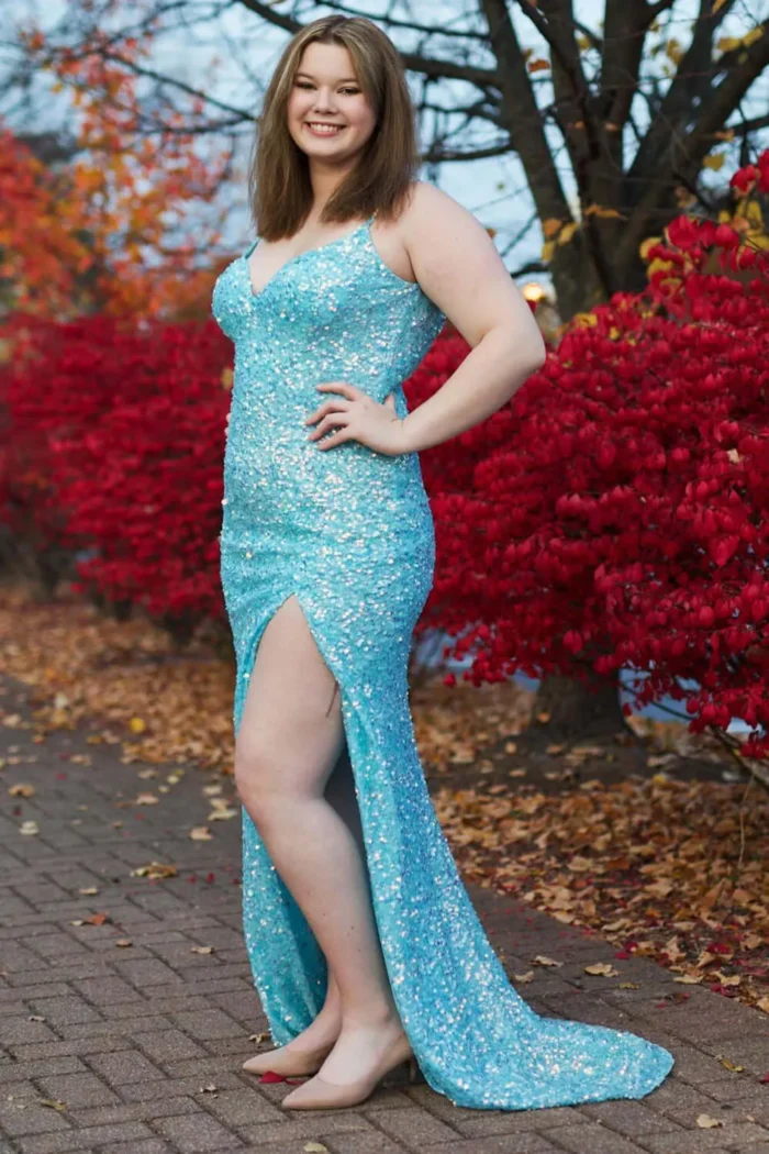 Sparkly Sky Sequins Plus Size Blue Prom Dresses Long Formal Dress with Slit