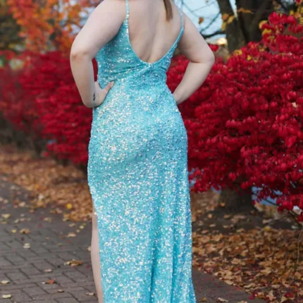 Sparkly Sky Sequins Plus Size Blue Prom Dresses Long Formal Dress with Slits