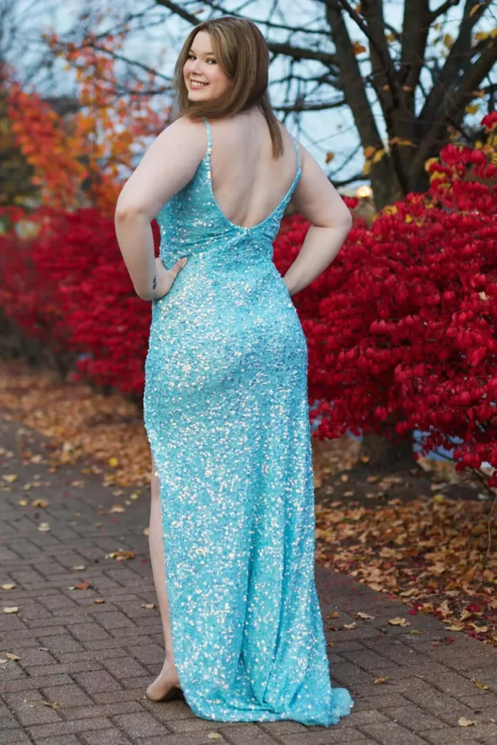 Sparkly Sky Sequins Plus Size Blue Prom Dresses Long Formal Dress with Slits