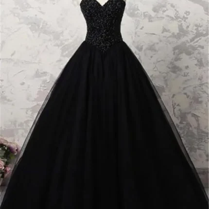 Sweetheart Black Crystals Prom Dresses Strapless Ball Gown Wedding Dresses