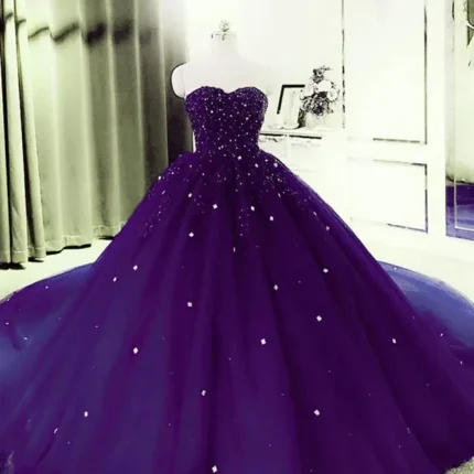 Sweetheart Crystals Prom Dresses Ball Gown Beaded Purple Quinceanera Dresses