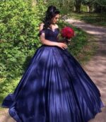 Sweetheart Navy Blue Lace Prom Dresses Ball Gown off Shoulder Quinceanera Dress