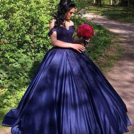 Sweetheart Navy Blue Lace Prom Dresses Ball Gown off Shoulder Quinceanera Dress